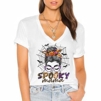Halloween Spooky Mama Costume Messy Bun Spider Web For Mom Women's Jersey Short Sleeve Deep V-Neck Tshirt - Seseable