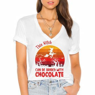 Halloween This Witch Can Be Bribed With Chocolate Retro Women's Jersey Short Sleeve Deep V-Neck Tshirt - Seseable