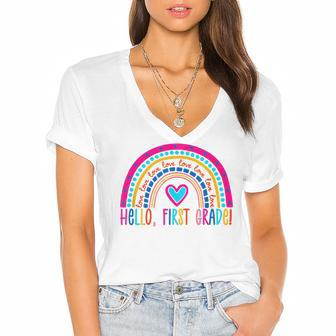 Hello First Grade Rainbow Back To School Teacher Kids Women's Jersey Short Sleeve Deep V-Neck Tshirt - Seseable