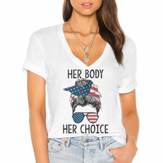 Her Body Her Choice Messy Bun Us Flag Feminist Pro Choice Women's Jersey Short Sleeve Deep V-Neck Tshirt - Seseable