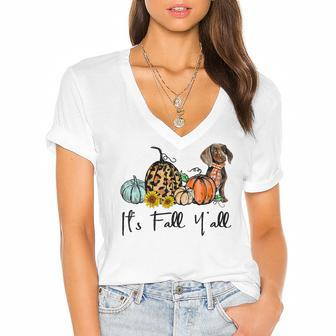 Its Fall Yall Yellow Dachshund Dog Leopard Pumpkin Falling  V2 Women's Jersey Short Sleeve Deep V-Neck Tshirt