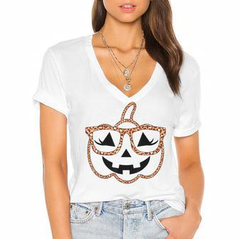 Jack O Lantern Face Pumpkin Halloween Leopard Print Glasses V4 Women's Jersey Short Sleeve Deep V-Neck Tshirt - Seseable