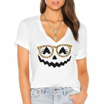Jack O Lantern Face Pumpkin Halloween Leopard Print Glasses V5 Women's Jersey Short Sleeve Deep V-Neck Tshirt - Seseable