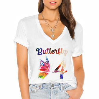 Kids 4 Year Old Butterfly Birthday Girls 4Th Girl Party Women's Jersey Short Sleeve Deep V-Neck Tshirt - Thegiftio UK