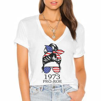 Messy Bun Pro Roe 1973 Pro Choice Women’S Rights Feminism V2 Women's Jersey Short Sleeve Deep V-Neck Tshirt - Seseable