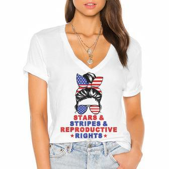 Messy Bun Stars Stripes & Reproductive Rights 4Th Of July Women's Jersey Short Sleeve Deep V-Neck Tshirt - Seseable