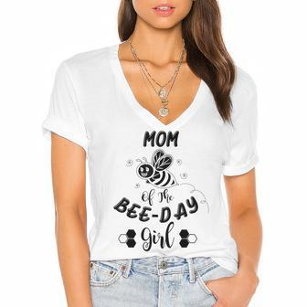 Mom Of The Bee Day Girl Birthday Women's Jersey Short Sleeve Deep V-Neck Tshirt - Seseable