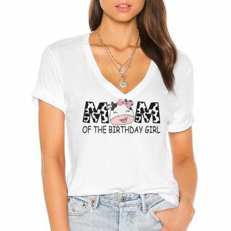 Mom Of The Birthday For Girl Cow Farm First Birthday Cow Women's Jersey Short Sleeve Deep V-Neck Tshirt - Seseable