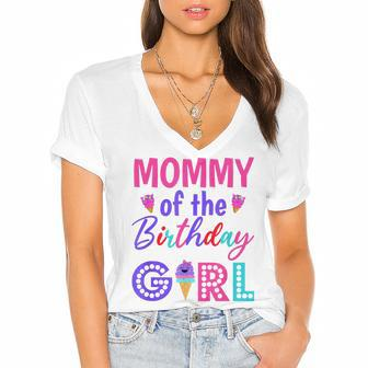 Mommy Of The Birthday Girl Mom Ice Cream First Birthday Women's Jersey Short Sleeve Deep V-Neck Tshirt - Seseable