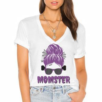 Momster Frankenstein Messy Bun Funny Mom Halloween Costume Women's Jersey Short Sleeve Deep V-Neck Tshirt - Seseable
