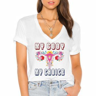 My Body My Choice Pro Roe Floral Uterus Women's Jersey Short Sleeve Deep V-Neck Tshirt | Mazezy