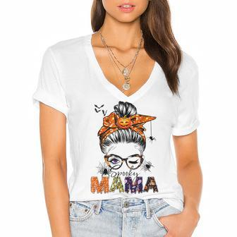 One Spooky Mama For Halloween Messy Bun Mom Monster Bleached V2 Women's Jersey Short Sleeve Deep V-Neck Tshirt - Seseable