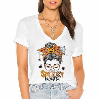 One Spooky Mama For Halloween Messy Bun Mom Monster Bleached V3 Women's Jersey Short Sleeve Deep V-Neck Tshirt - Seseable