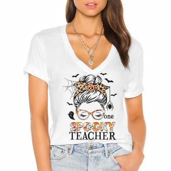 One Spooky Teacher Messy Bun Trick Or Teach Halloween Women's Jersey Short Sleeve Deep V-Neck Tshirt - Thegiftio UK