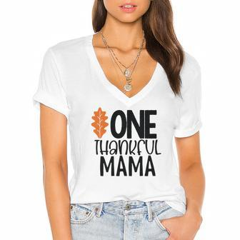 One Thankful Mama Fall Gift For Mom Women's Jersey Short Sleeve Deep V-Neck Tshirt - Seseable