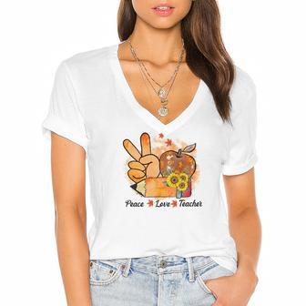 Peace Love Teacher Teaching Life Fall Pumpkin Season Women's Jersey Short Sleeve Deep V-Neck Tshirt - Seseable