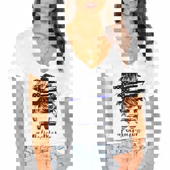 Police Mom Life Messy Bun Hair Mothers Day Police Women's Jersey Short Sleeve Deep V-Neck Tshirt - Thegiftio