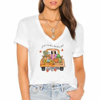 Pumpkin Truck Just A Teacher Who Loves Fall Women's Jersey Short Sleeve Deep V-Neck Tshirt - Seseable