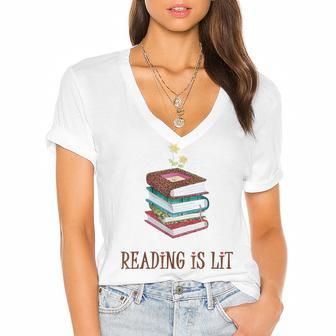 Reading Is Lit Literacy Book Flower Literature Teacher Lover Women's Jersey Short Sleeve Deep V-Neck Tshirt - Thegiftio UK