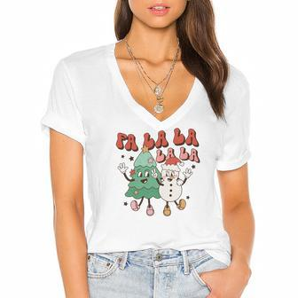 Retro Christmas Fa La La Vintage Christmas Tree Gifts Women's Jersey Short Sleeve Deep V-Neck Tshirt | Seseable CA