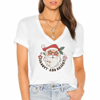 Retro Christmas Groovy And Bright Santa Women's Jersey Short Sleeve Deep V-Neck Tshirt | Seseable CA