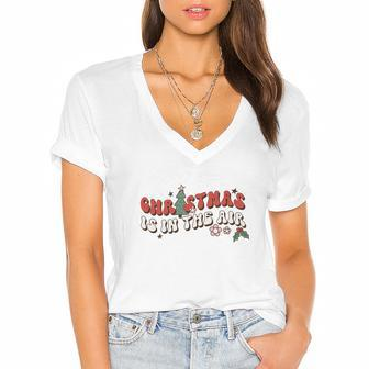 Retro Christmas Is In The Air Women's Jersey Short Sleeve Deep V-Neck Tshirt | Seseable CA