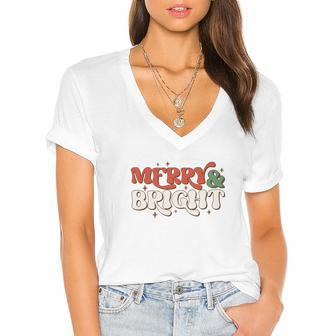 Retro Christmas Merry And Bright Women's Jersey Short Sleeve Deep V-Neck Tshirt - Seseable