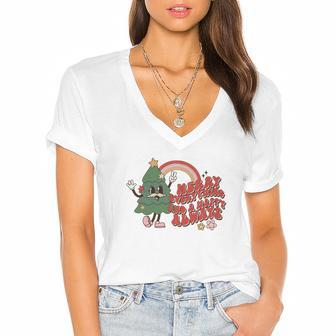 Retro Christmas Merry Christmas And Happy Always Vintage Christmas Tree Women's Jersey Short Sleeve Deep V-Neck Tshirt | Seseable CA