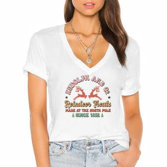 Retro Christmas Rudolph And Co Reindeer Treats Women's Jersey Short Sleeve Deep V-Neck Tshirt | Seseable CA