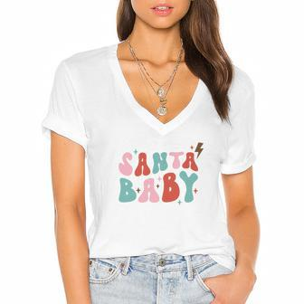 Retro Christmas Santa Baby Retro Santa Holidays Women's Jersey Short Sleeve Deep V-Neck Tshirt - Seseable