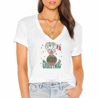 Retro Christmas Skeleton Hand Merry Christmas Gift Women's Jersey Short Sleeve Deep V-Neck Tshirt - Seseable