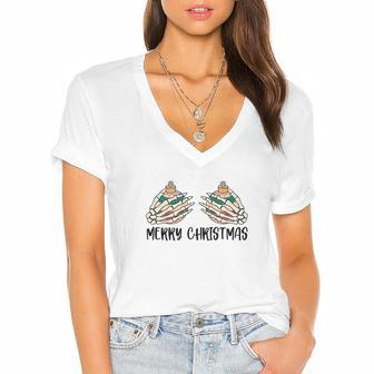 Retro Christmas Skeleton Hand Merry Christmas V2 Women's Jersey Short Sleeve Deep V-Neck Tshirt | Seseable CA