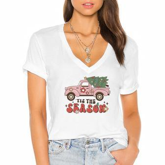 Retro Christmas Truck Tis The Season Women's Jersey Short Sleeve Deep V-Neck Tshirt - Seseable