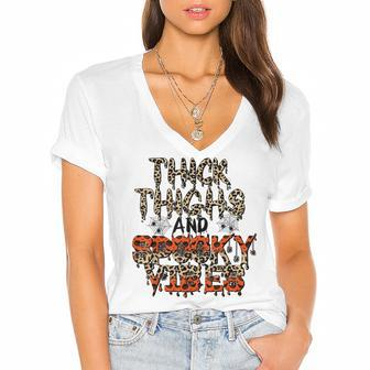 Retro Leopard Thick Thighs And Spooky Vibes Funny Halloween Women's Jersey Short Sleeve Deep V-Neck Tshirt - Seseable