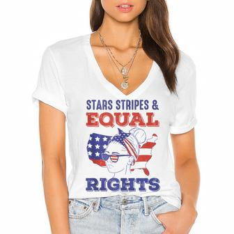Retro Pro Choice Feminist Stars Stripes Equal Rights Women's Jersey Short Sleeve Deep V-Neck Tshirt - Seseable