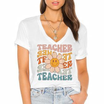Retro Teacher Daisy Colorful - Elementary School Teacher Women's Jersey Short Sleeve Deep V-Neck Tshirt - Thegiftio UK