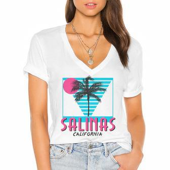 Salinas California Retro Ca Cool Women's Jersey Short Sleeve Deep V-Neck Tshirt | Mazezy