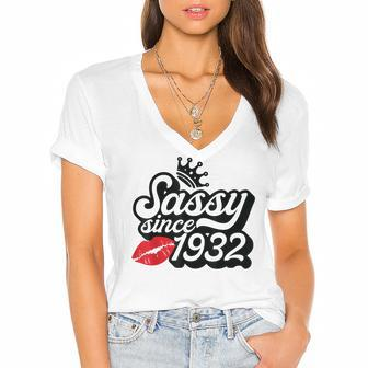 Sassy Since 1932 Fabulous 90Th Birthday Gifts Ideas For Her Women's Jersey Short Sleeve Deep V-Neck Tshirt - Seseable