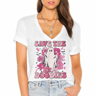 Save The Boobies Pink Ghost Women Breast Cancer Halloween Women's Jersey Short Sleeve Deep V-Neck Tshirt - Thegiftio UK