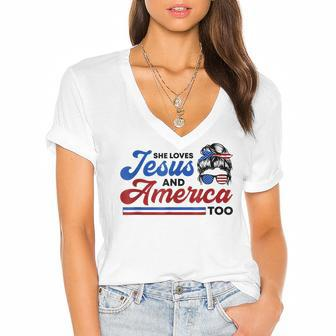 She Loves Jesus And America Too 4Th Of July Proud Christians Women's Jersey Short Sleeve Deep V-Neck Tshirt - Seseable
