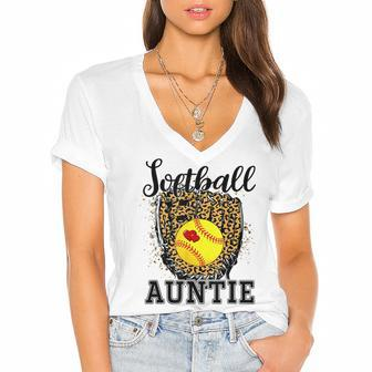 Softball Auntie Leopard Game Day Aunt Mother Softball Lover Women's Jersey Short Sleeve Deep V-Neck Tshirt - Thegiftio UK