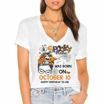 Spooky Mama Born On October 10Th Birthday Bun Hair Halloween Women's Jersey Short Sleeve Deep V-Neck Tshirt - Seseable