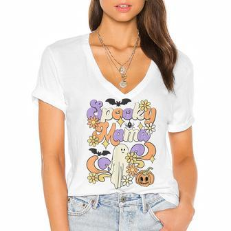 Spooky Mama Floral Ghost Boo Mom And Babe Matching Halloween Women's Jersey Short Sleeve Deep V-Neck Tshirt - Seseable