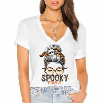 Spooky Mama Halloween Costume Skull Mom Leopard Messy Bun Women's Jersey Short Sleeve Deep V-Neck Tshirt - Seseable