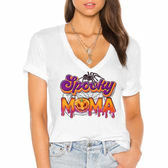 Spooky Mama Jack O Lantern Halloween Mama Pumpkin Women's Jersey Short Sleeve Deep V-Neck Tshirt - Seseable