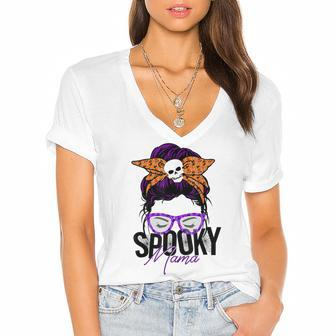 Spooky Messy Bun Mama Happy Halloween Women's Jersey Short Sleeve Deep V-Neck Tshirt - Seseable