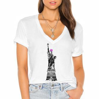 Statue Of Liberty Kitty Ears Resist Feminist Women's Jersey Short Sleeve Deep V-Neck Tshirt | Mazezy