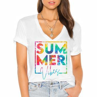 Summer Vibes Hello Summer Vibes Beach Vacay Summertime Women's Jersey Short Sleeve Deep V-Neck Tshirt - Seseable
