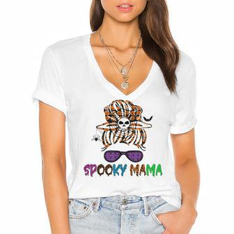 Sunglasses Mama Halloween Messy Bun Skull Witch Mom Spooky Women's Jersey Short Sleeve Deep V-Neck Tshirt - Seseable