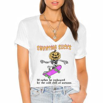 Sweating Sucks Skeleton Pumpkin Head Halloween Women's Jersey Short Sleeve Deep V-Neck Tshirt - Seseable